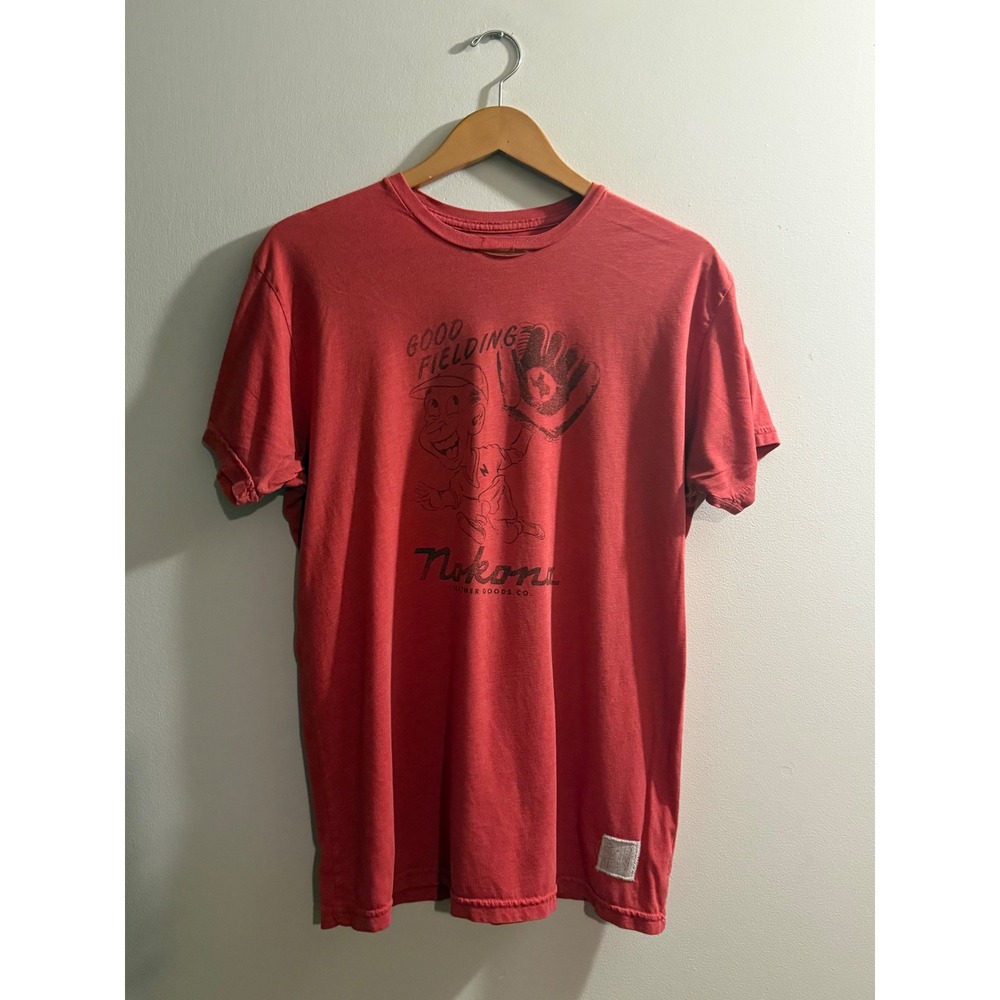 Retro Brand Nokona Leather Goods Co Graphic T-Shirt Red Mens Large Made in USA